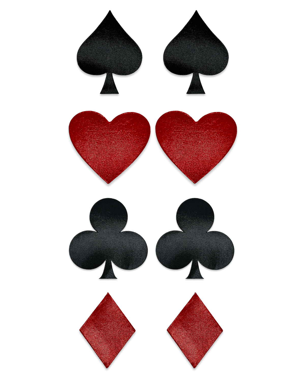 Royal Flush Card Suits 4 Pack β Heart and Diamond nipple pasties in Volcano Red with Spade and Club in Black, shown as a set