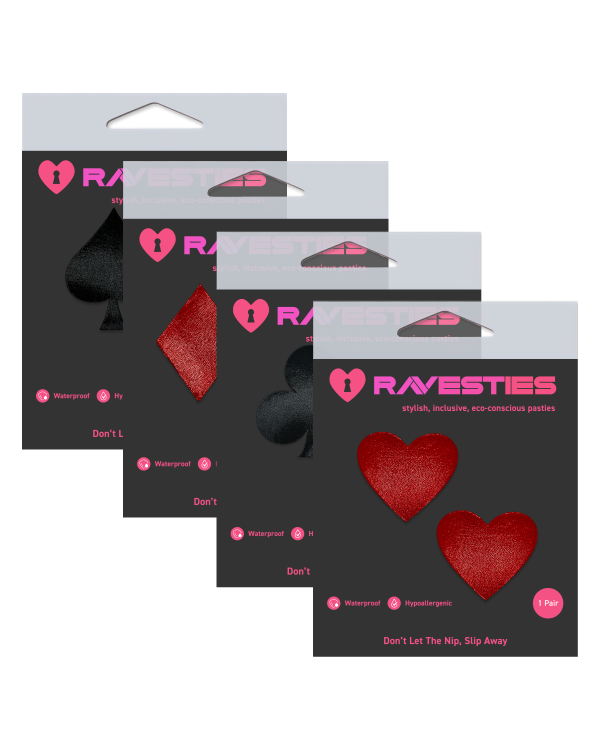 All four Royal Flush card suit nipple pasties laid flat β red Heart, red Diamond, black Spade, black Club