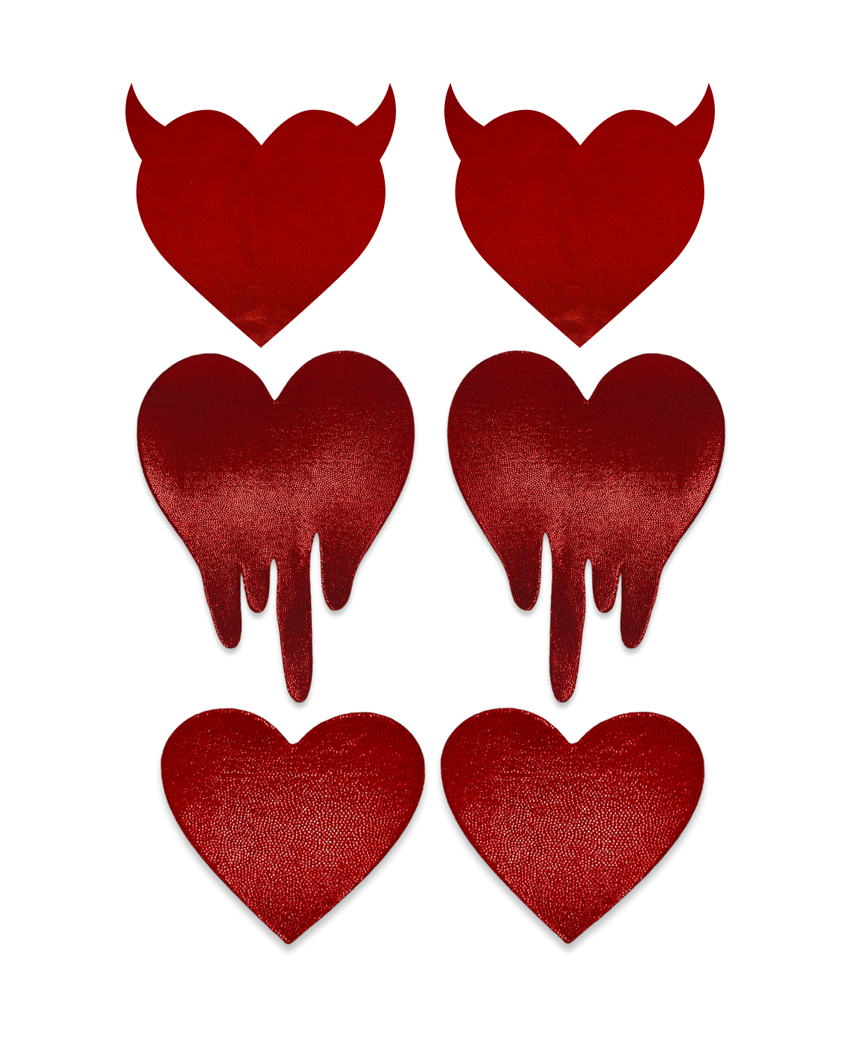 Heartbreaker 3 Pack — Heart, Drip Heart and Devil Heart nipple pasties by Ravesties, in S, M and L