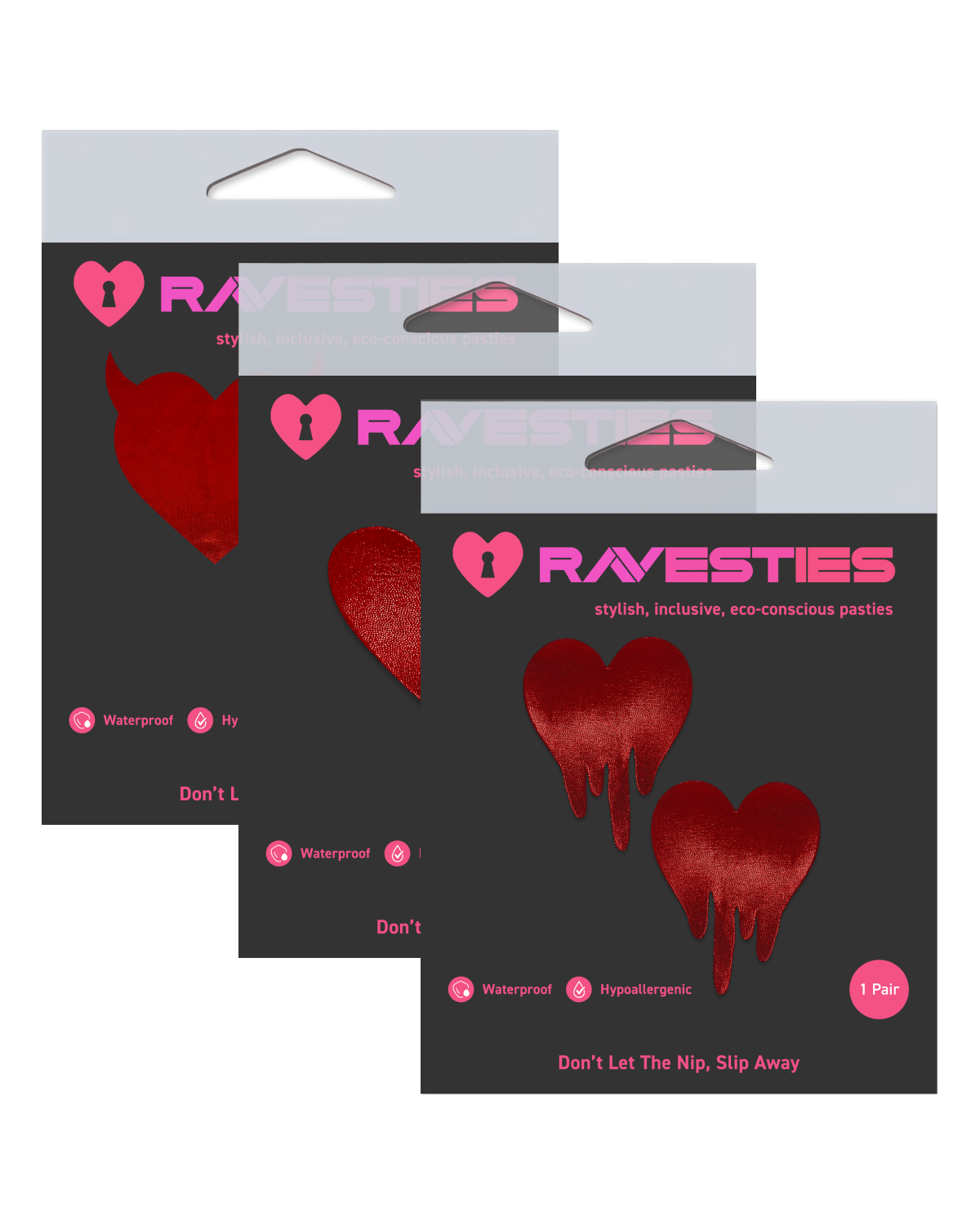 Heartbreaker 3 Pack — three matched heart nipple pasties by Ravesties, size-inclusive S, M and L